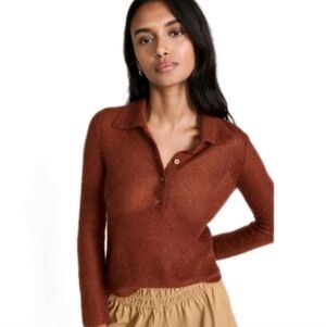 VINCE Brushed Mohair Wool Sweater Polo Henley Cinnamon/Rust Size S
